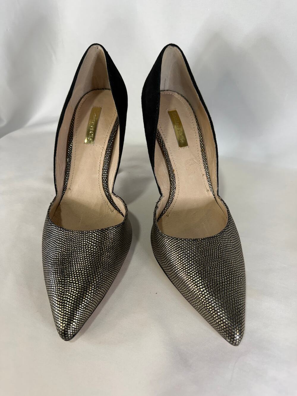 Louise et Cie Women 8.5 Black Suede Gold Metallic D'Orsay Pointed Toe Pump Heels